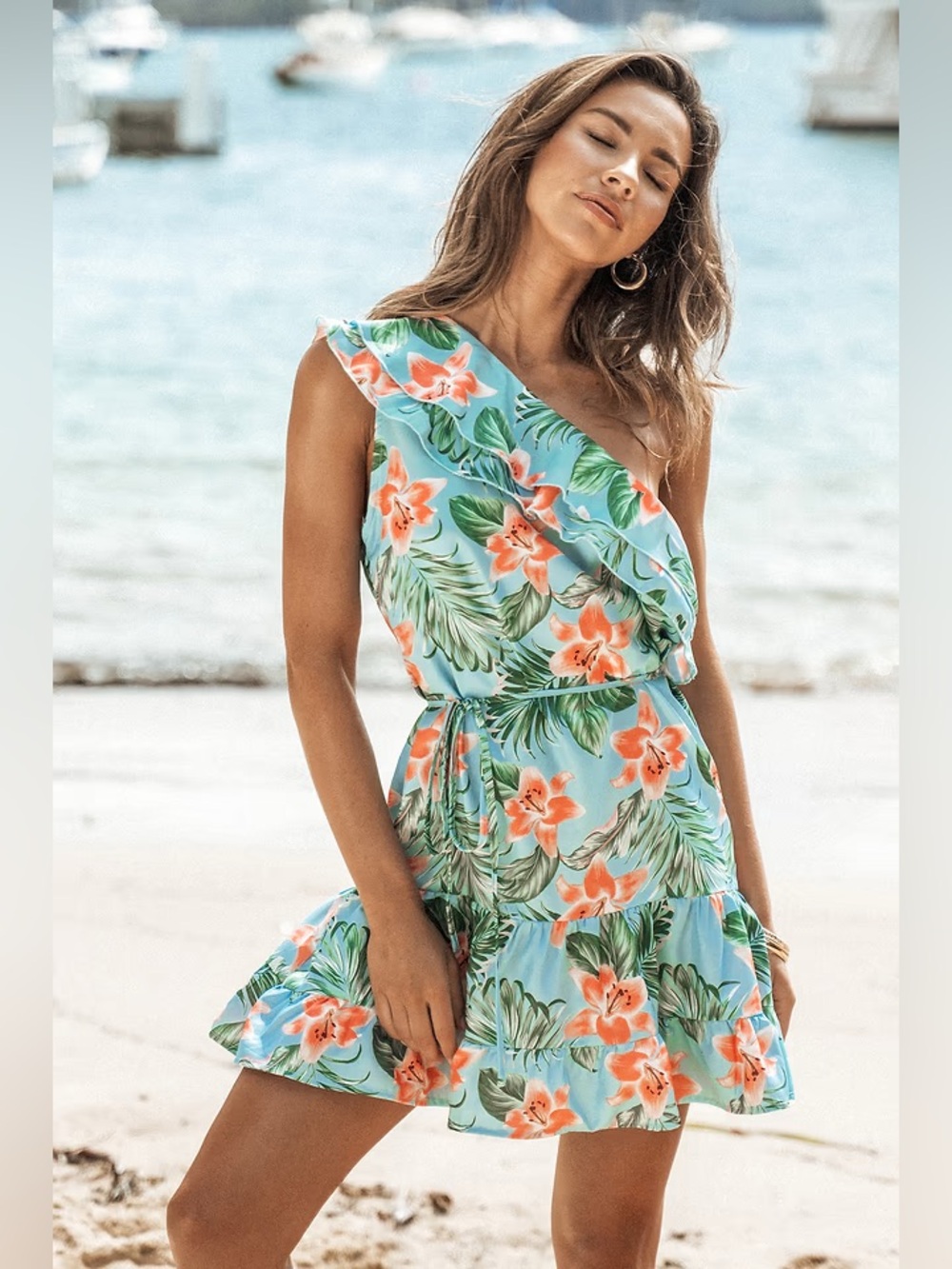 Cupshe Aqua One-Shoulder Tropical Floral Dress with Coral Blooms